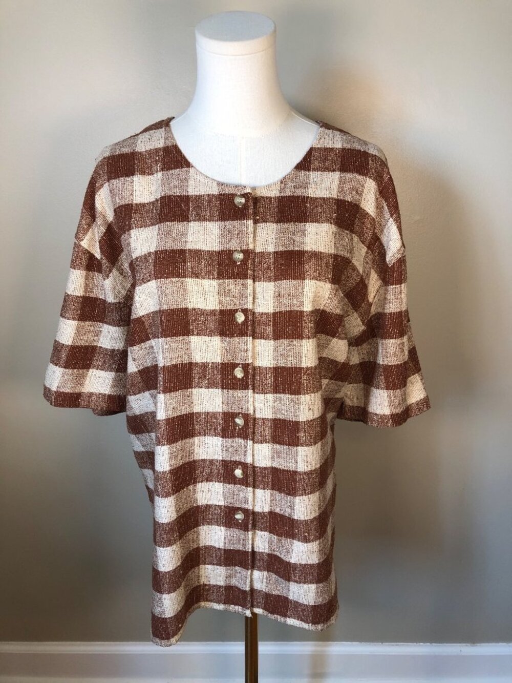 VTG Silk Exchange 100% Silk Brown Cream Buffalo Plaid Button Front Tunic Size L